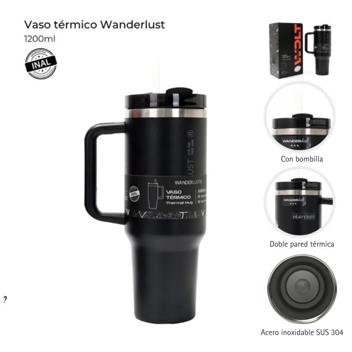 Vaso Térmico WANDERLUST con Bombilla 1200ml - Negro - Image 4