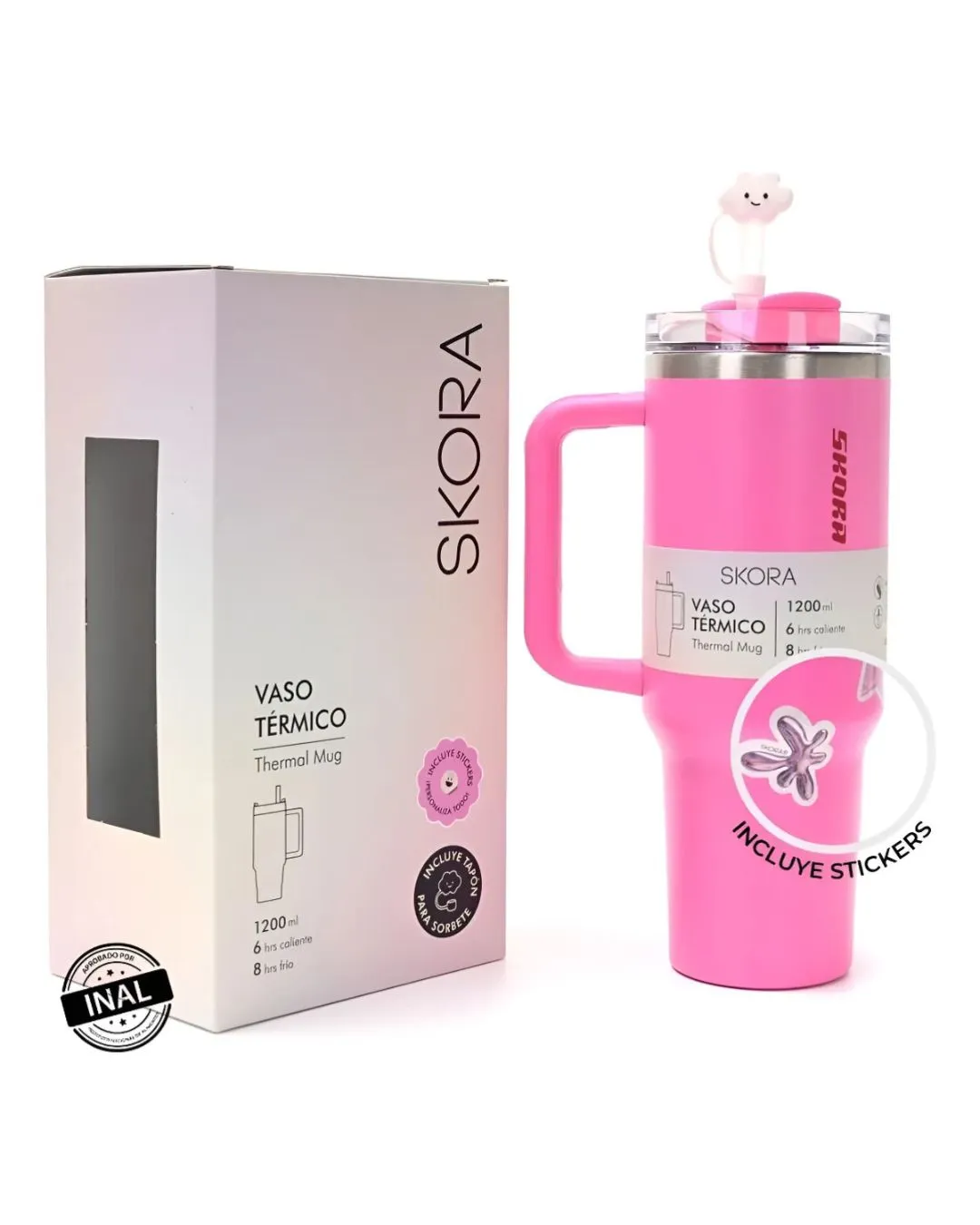 Vaso Térmico SKORA con Bombilla y Tapón Nube 1200ml - Fucsia - Image 2