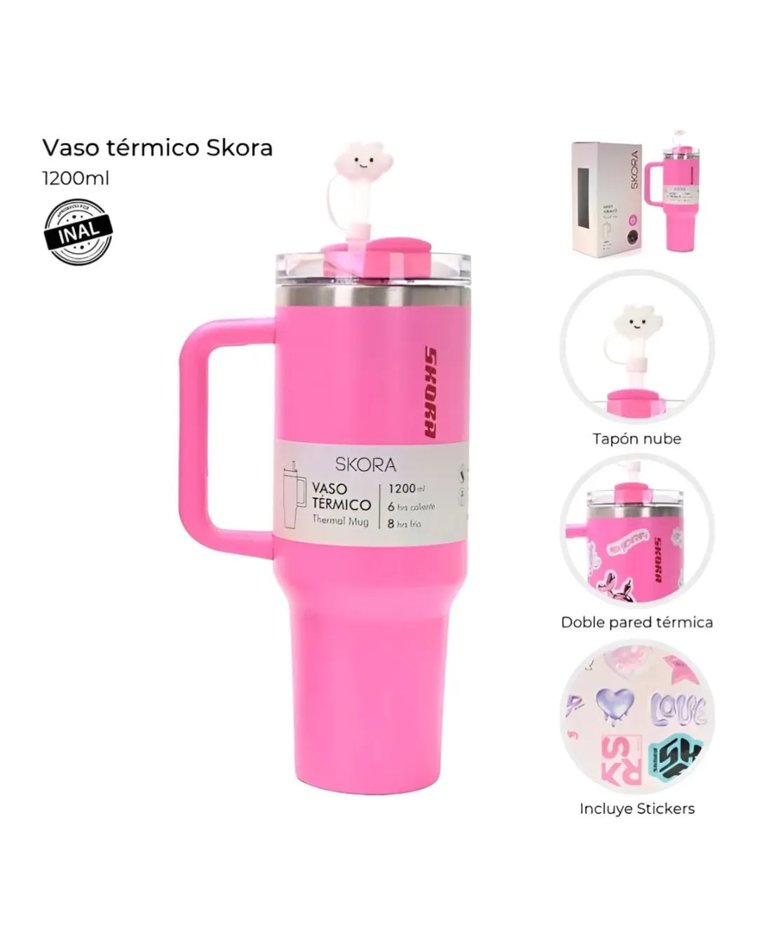 Vaso Térmico SKORA con Bombilla y Tapón Nube 1200ml - Fucsia - Image 4