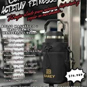 COMBO Bolso Magnético BAREY Negro + Vaso Térmico WANDERLUST c/ Pico 900ml