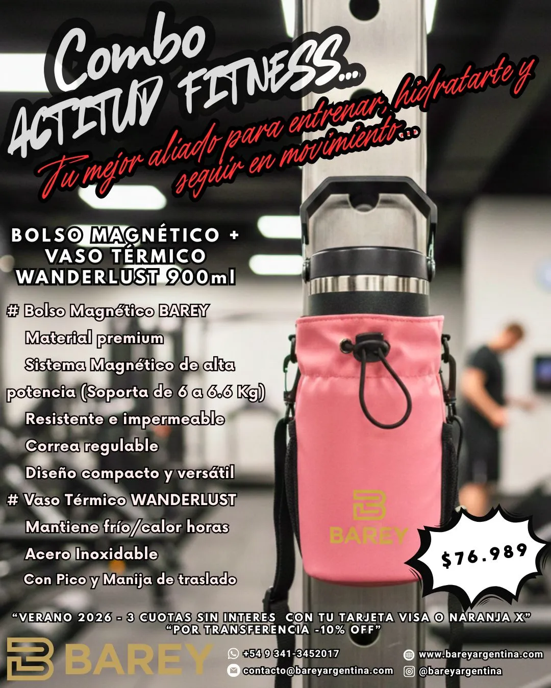 COMBO Bolso Magnético BAREY Rosa + Vaso Térmico WANDERLUST c/ Pico 900ml