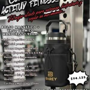 COMBO Bolso Magnético BAREY Negro + Vaso Térmico WANDERLUST c/ Pico 900ml