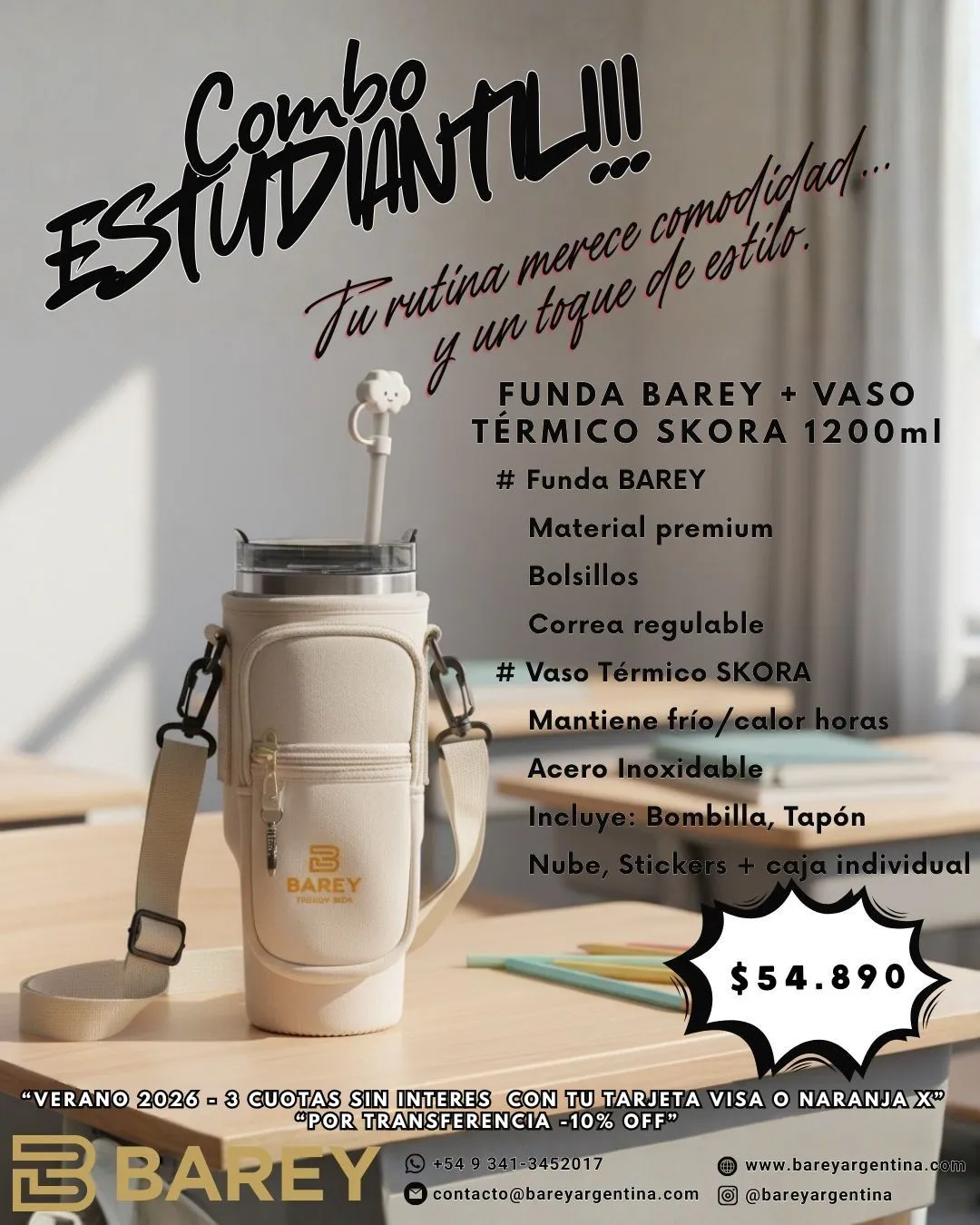 COMBO Funda BAREY + Vaso Térmico SKORA c/ Bombilla 1200ml