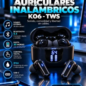 Auriculares Inalámbricos Bluetooth 5.4 K06-TWS con Display LED Negro
