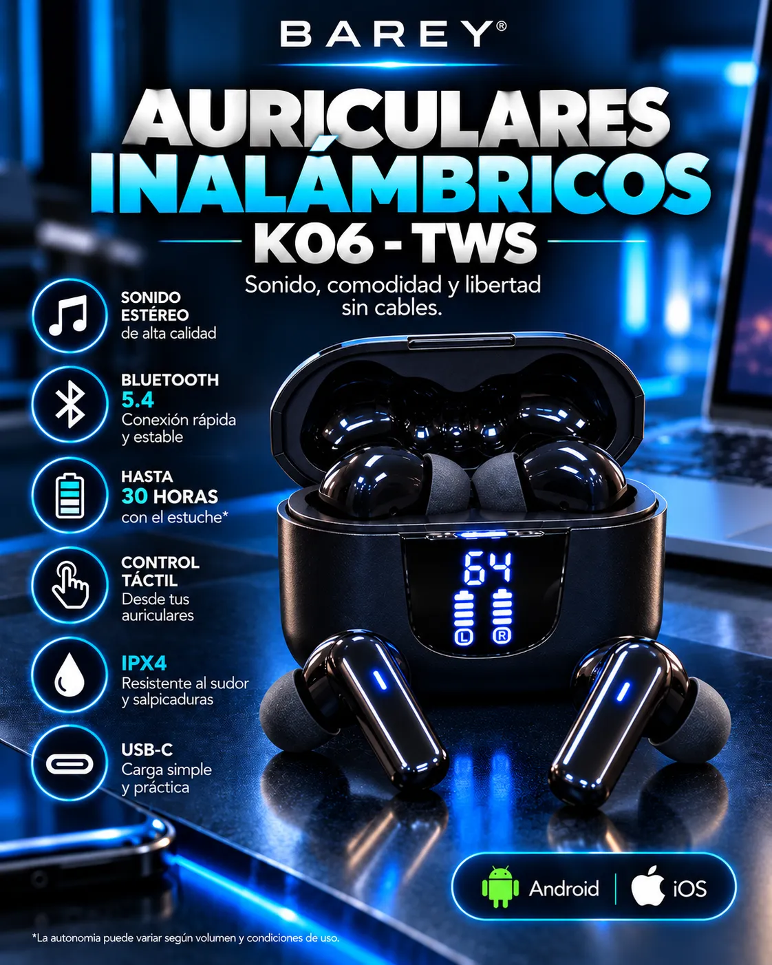 Auriculares Inalámbricos Bluetooth 5.4 K06-TWS con Display LED Negro