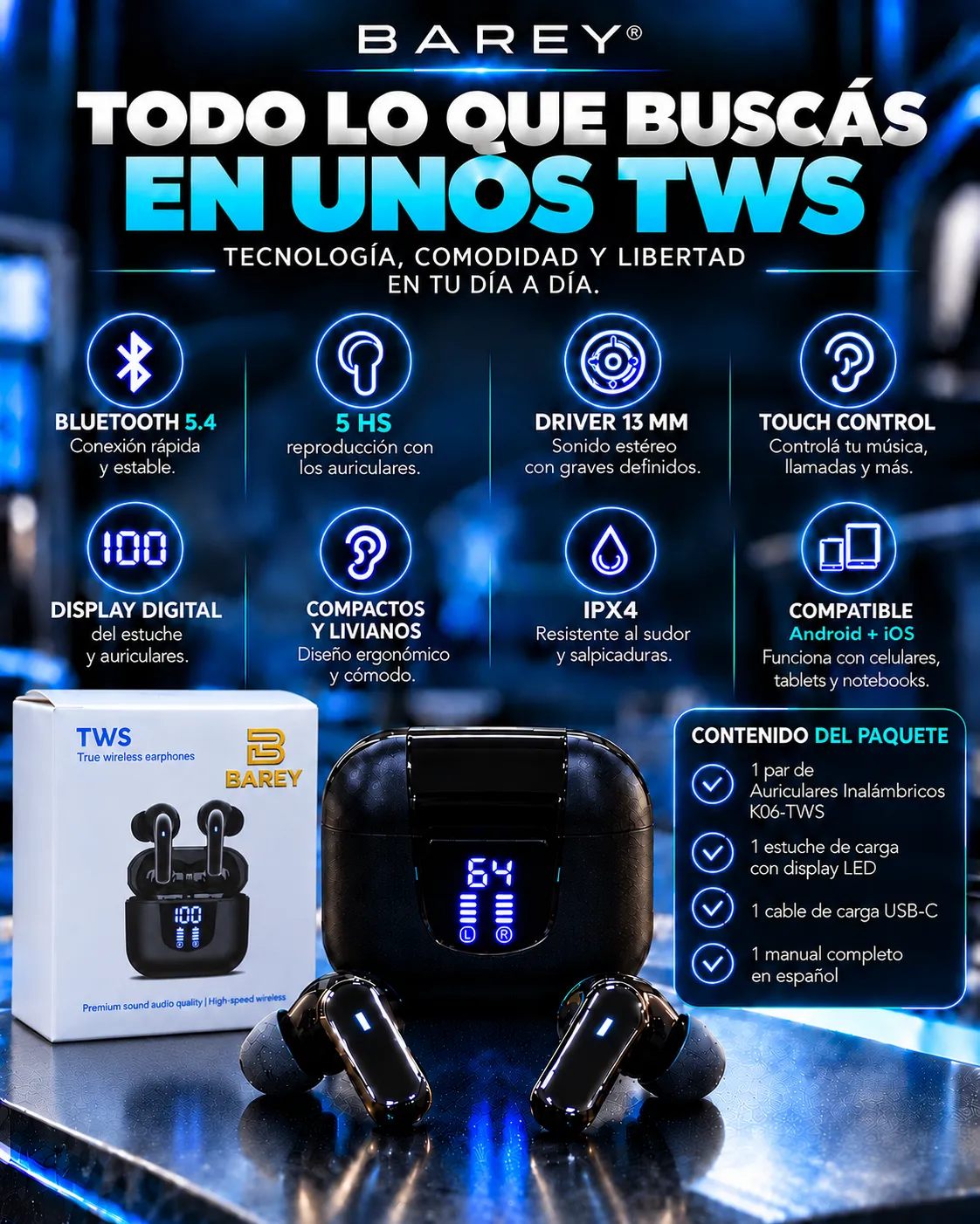 Auriculares Inalámbricos Bluetooth 5.4 K06-TWS con Display LED Negro - Image 2