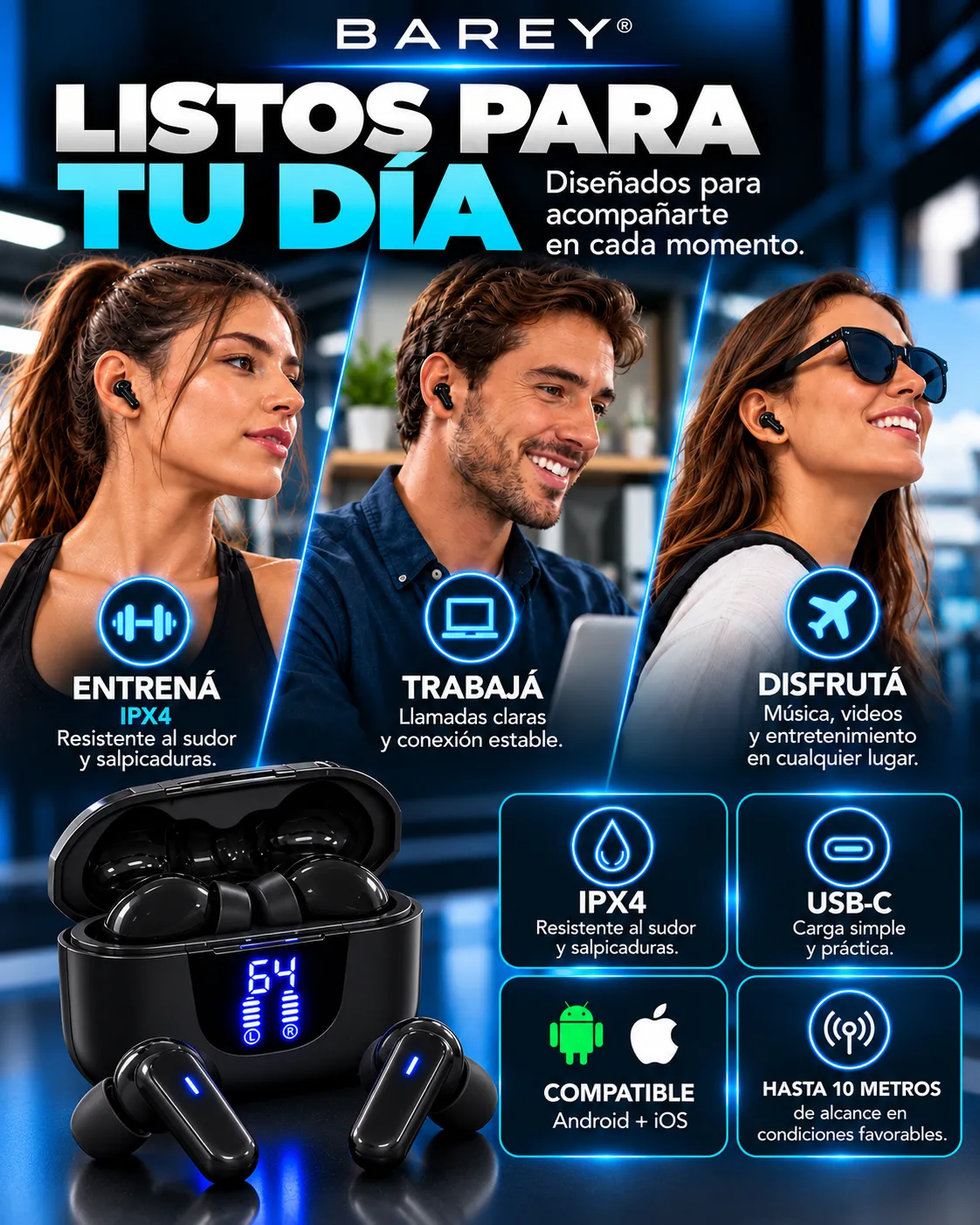 Auriculares Inalámbricos Bluetooth 5.4 K06-TWS con Display LED Negro - Image 5