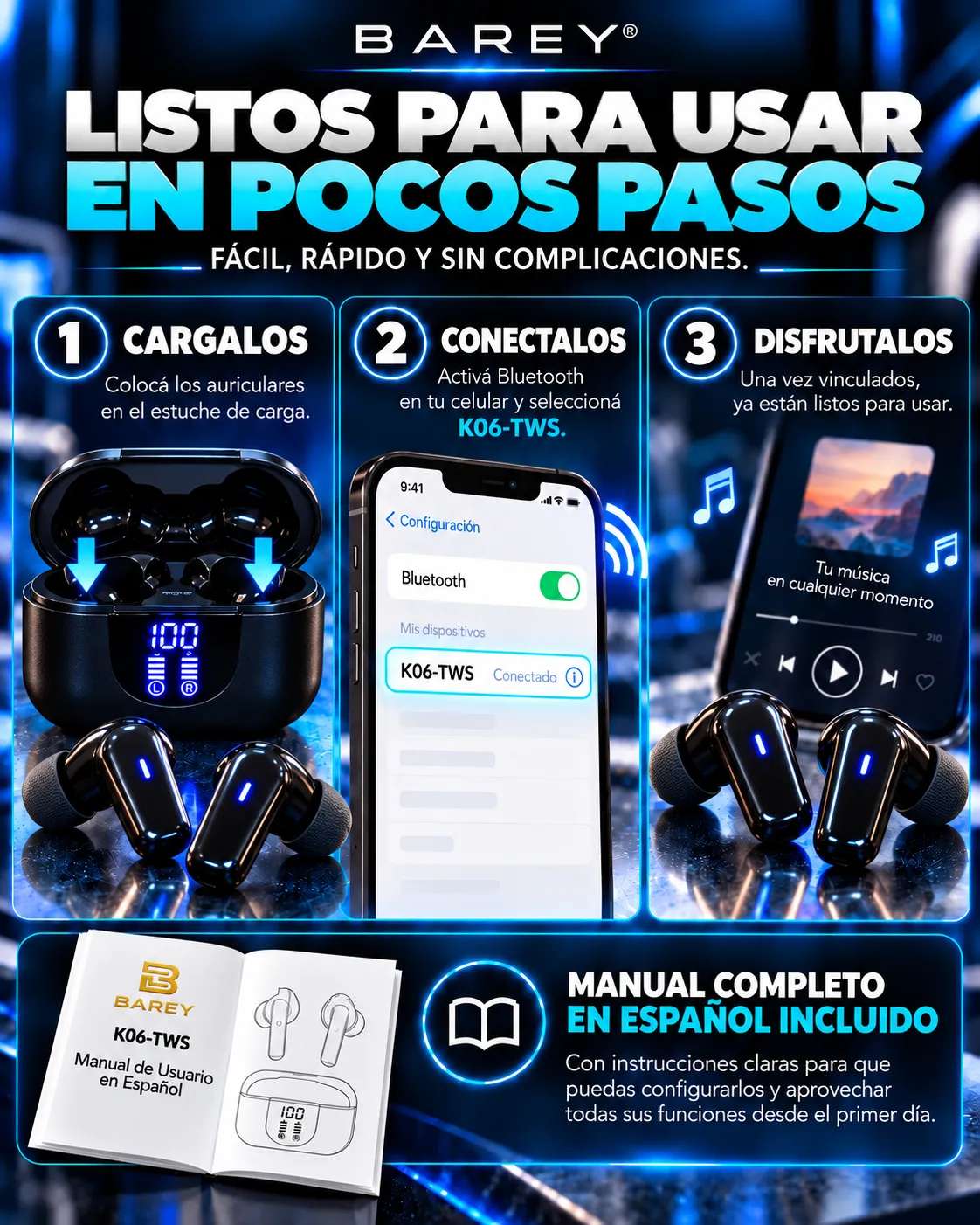 Auriculares Inalámbricos Bluetooth 5.4 K06-TWS con Display LED Negro - Image 11