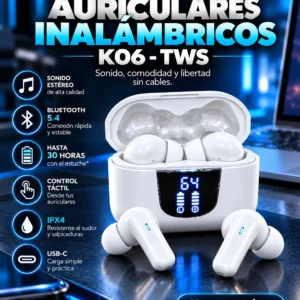 Auriculares Inalámbricos Bluetooth 5.4 K06-TWS con Display LED Blanco