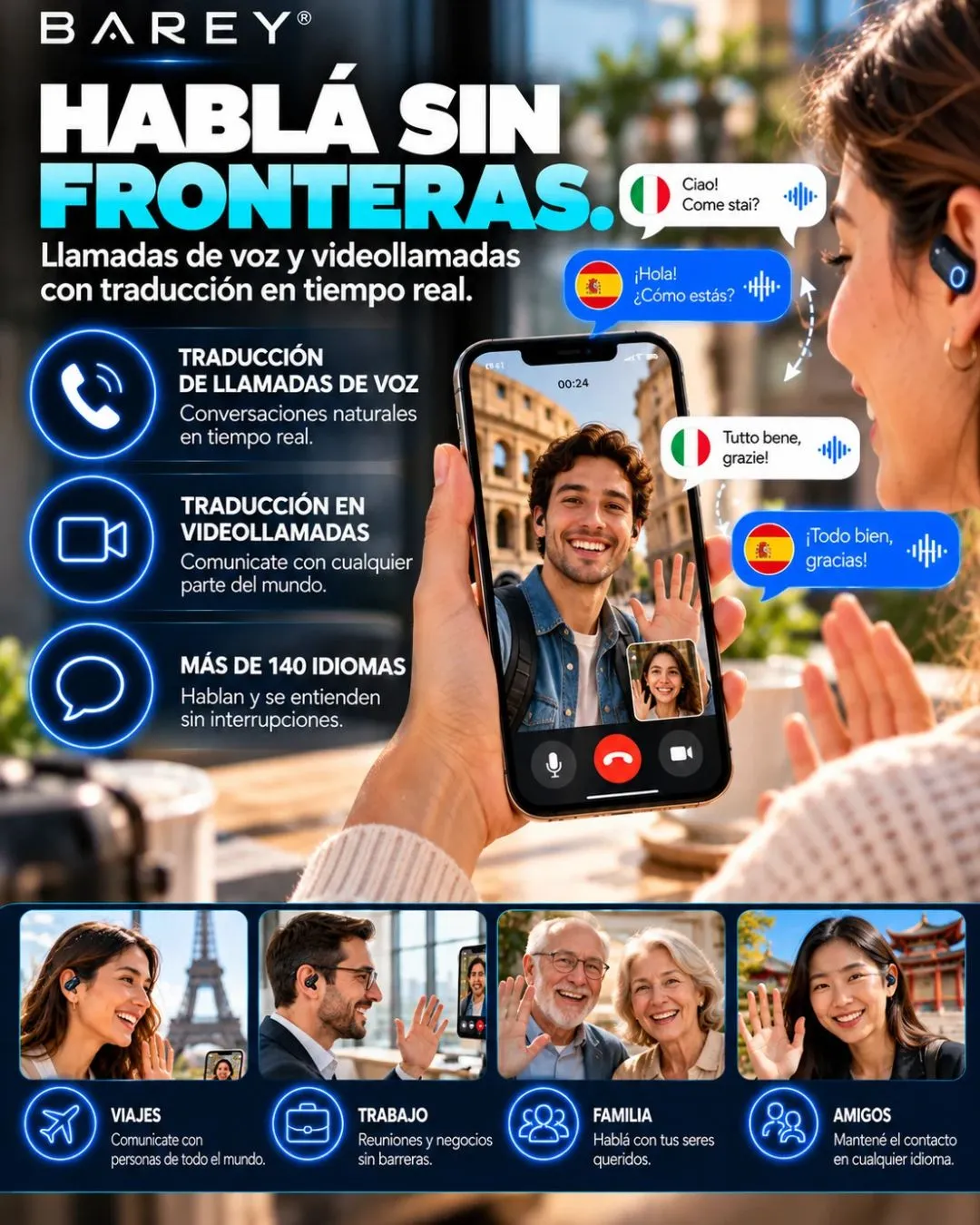 Auriculares Traductores Bluetooth 6.1 YYK-Q17 - BAREY - Image 4