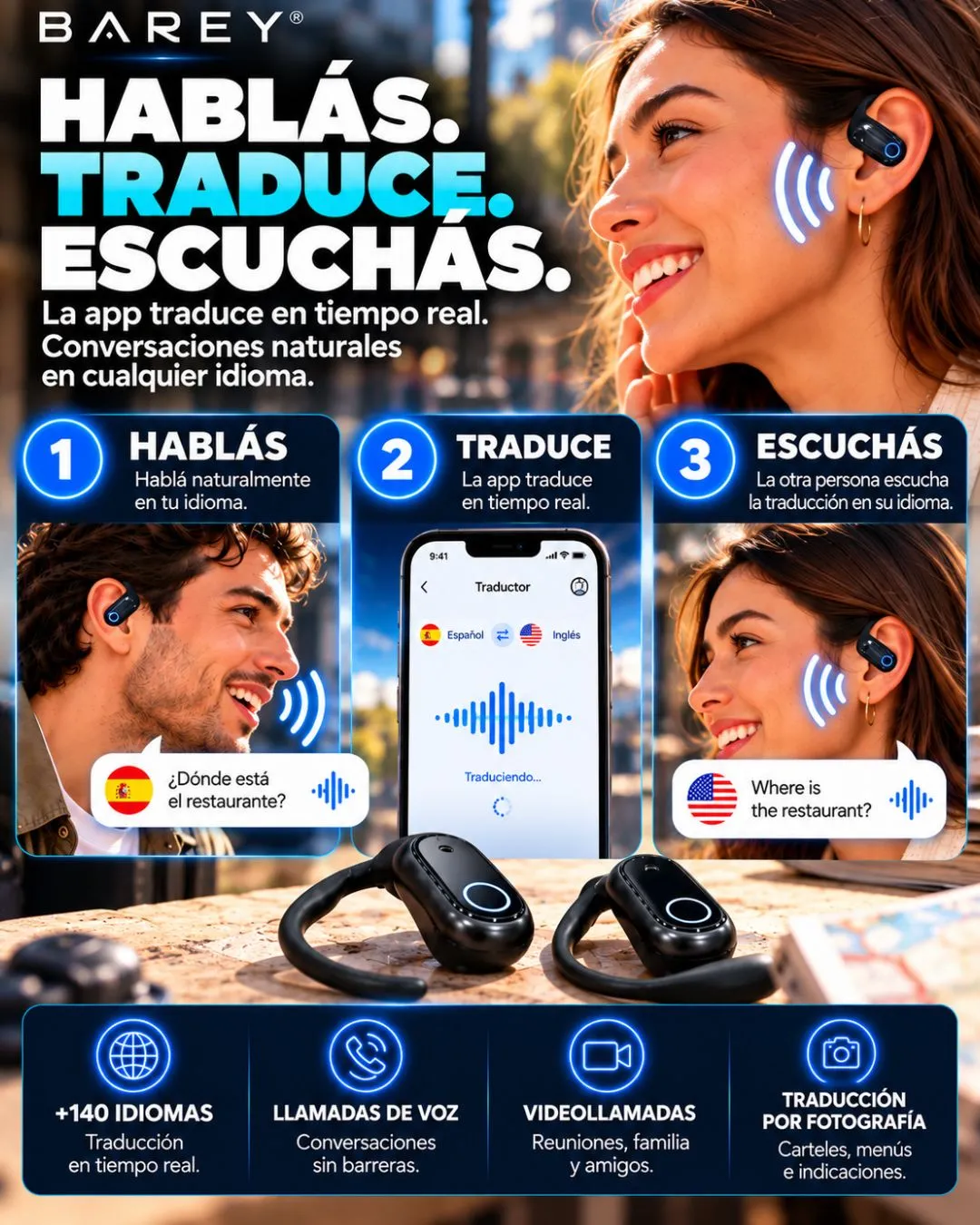 Auriculares Traductores Bluetooth 6.1 YYK-Q17 - BAREY - Image 6
