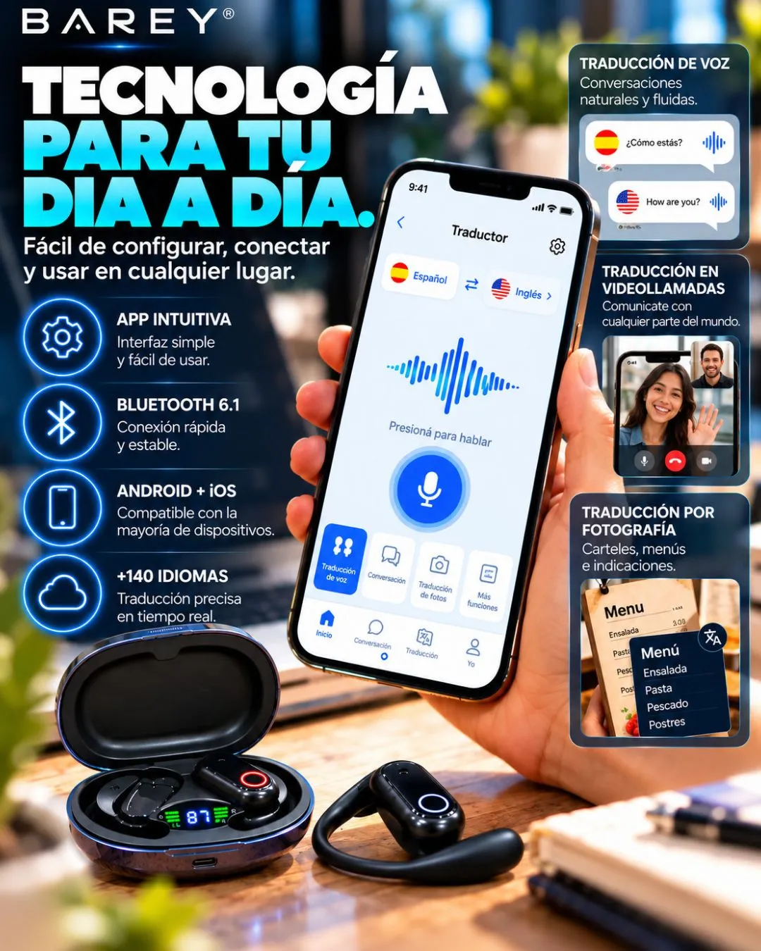 Auriculares Traductores Bluetooth 6.1 YYK-Q17 - BAREY - Image 12
